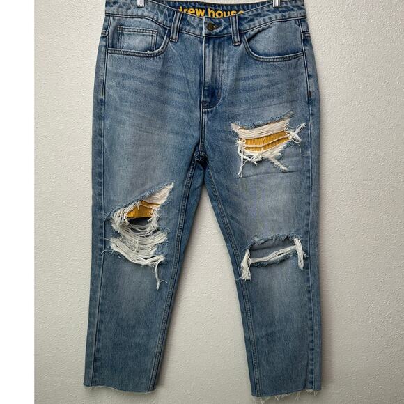 NWOT Drew House Distressed Jeans Blue Women’s 32 Raw Hem Corduroy Patches 32 - Picture 1 of 14